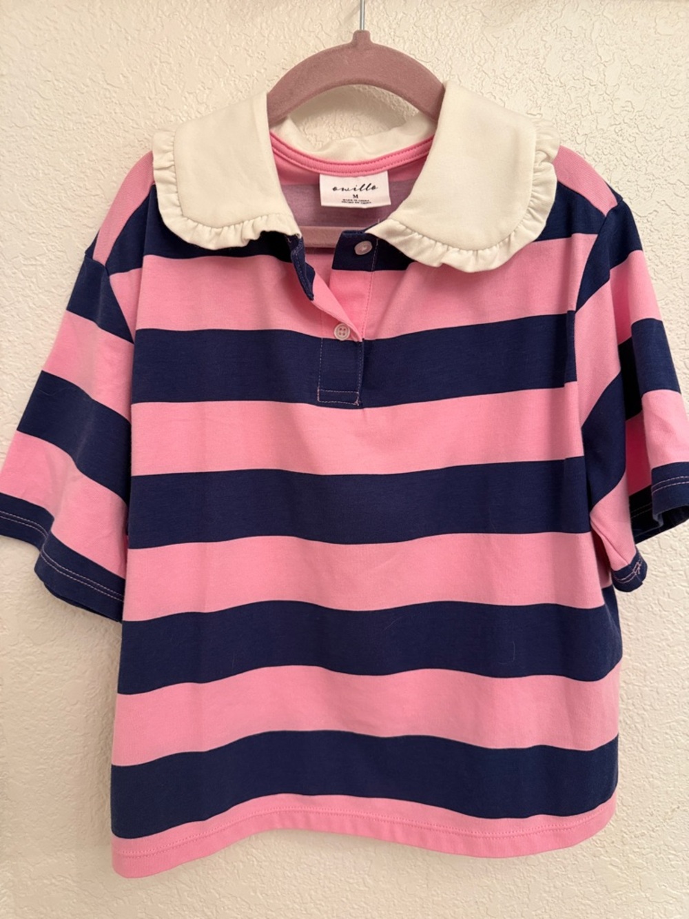 soft pink & navy striped polo top with cream ruffle collar